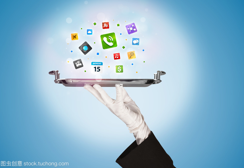 服务员手拿托盘图标 为新媒体服务注入专业与亲和力